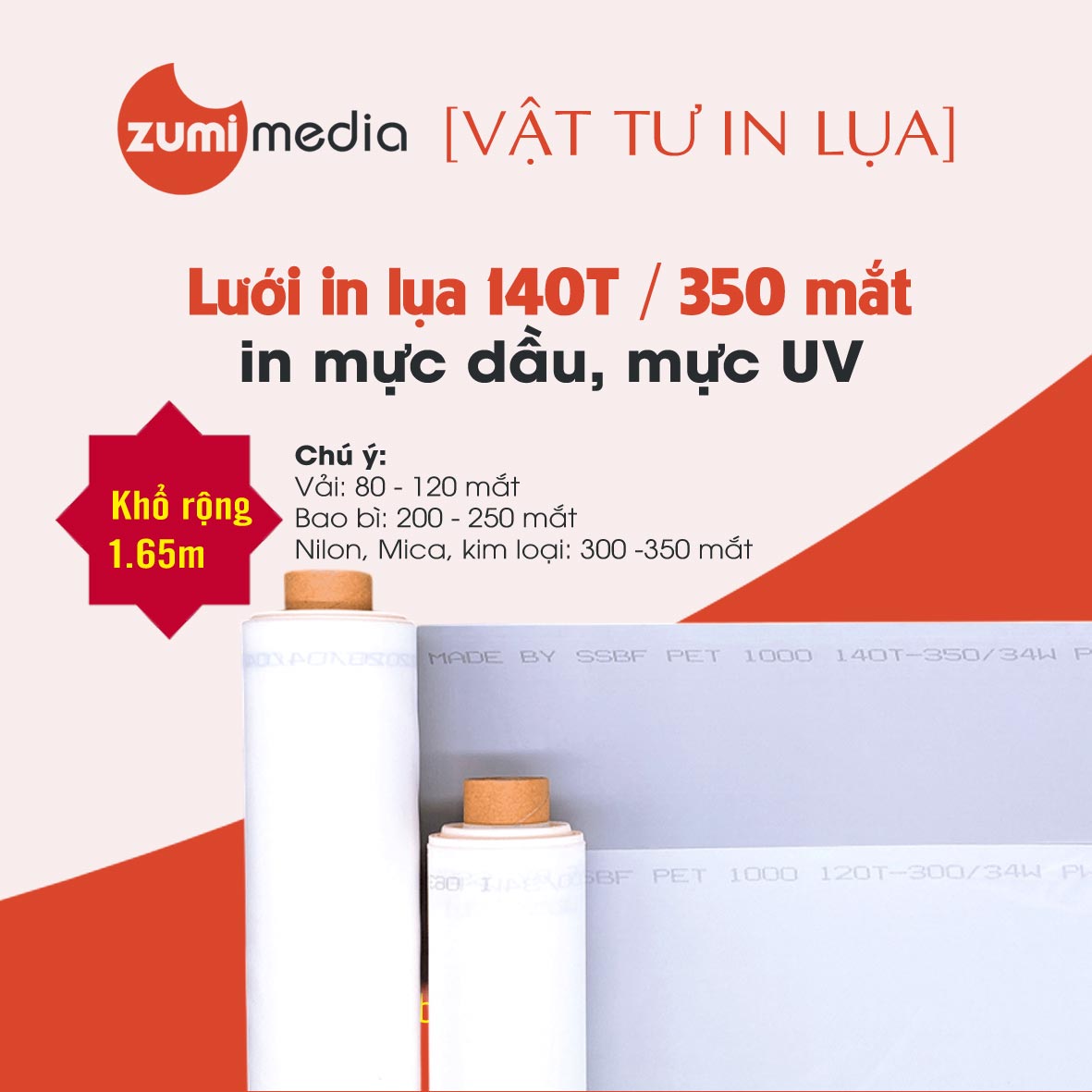 Lưới In Lụa 140T/350 Mắt (Khổ 1.65m) in Mực Dầu & UV